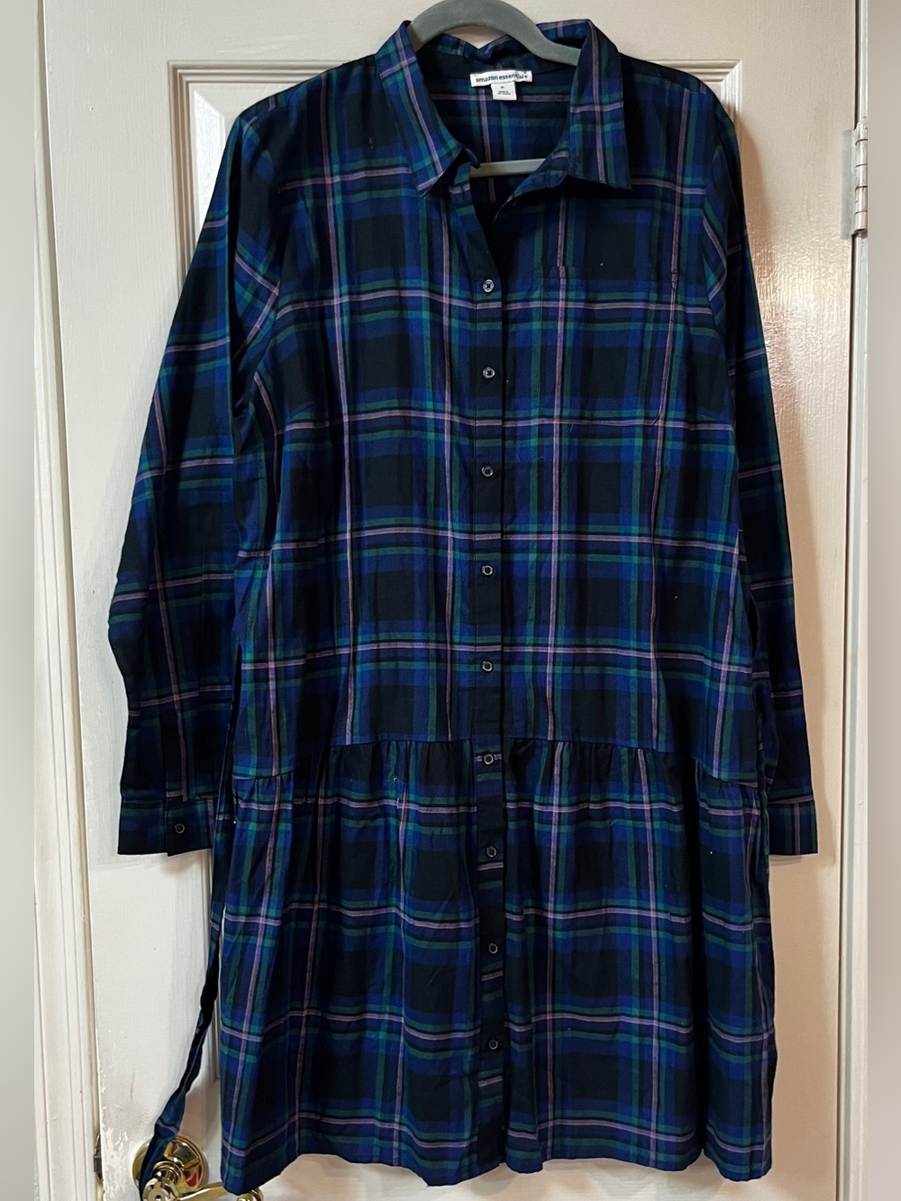 Amazon Essentials Navy, Green and Purple Plaid Button-Up Dress